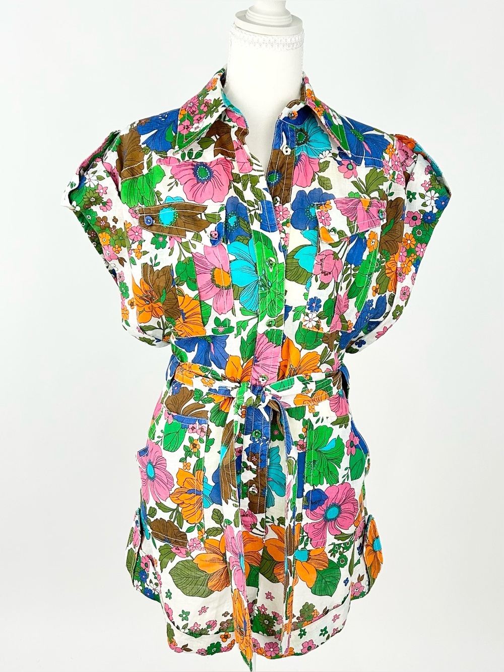 Zimmermann Riders Cuffed Green Floral Linen Utility Playsuit Romper Size 0